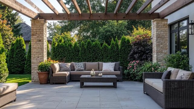 Elegant outdoor living space featuring comfortable seating under a wooden pergola, surrounded by lush greenery.