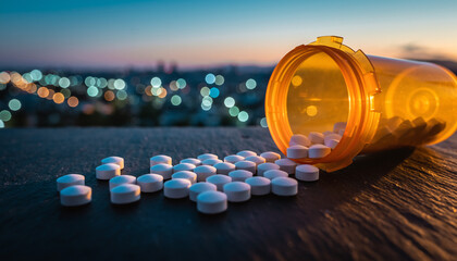 Pill Bottle Overturned, Spilling Medication on a Surface with a Blurred Cityscape in the Background
