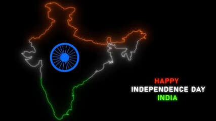 Happy Independence Day India Animation with Outline map And Ashok wheel ,Looping 4K animation of glowing neon India map