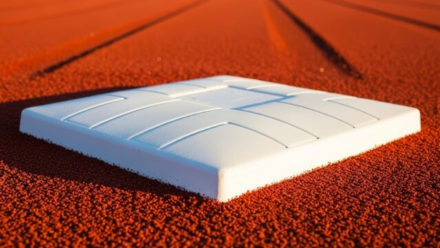 Baseball base on a red dirt field under natural light.