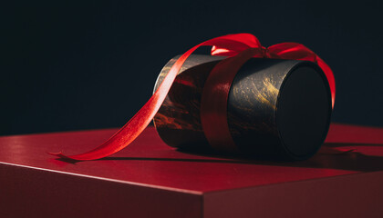 Elegant dark cylindrical gift, vibrant red ribbon and bow, on crimson surface, deep background, ideal for luxurious surprise or celebration
