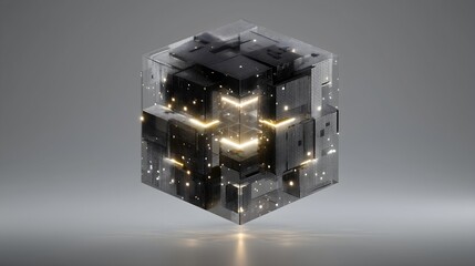 Fototapeta premium Dark Golden AI Data Cube with Glowing Core Futuristic Technology and Digital Intelligence Concept