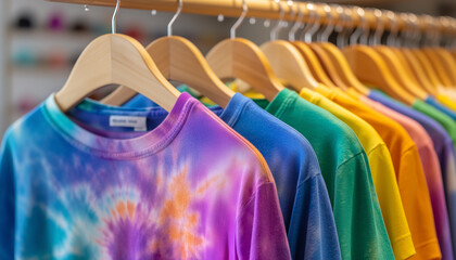 Row of tie dye shirts hang on wooden hangers. Colorful tshirts showcase dye sublimation. Vibrant apparel collection displays graphic