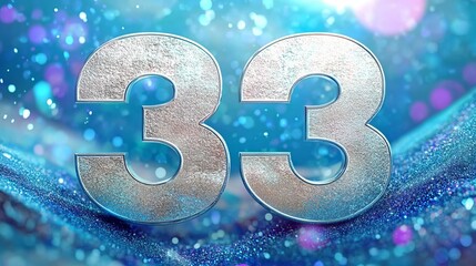 Elegant Silver Number Thirty-Three on a Vibrant Turquoise Background with Luminous Bokeh Effects