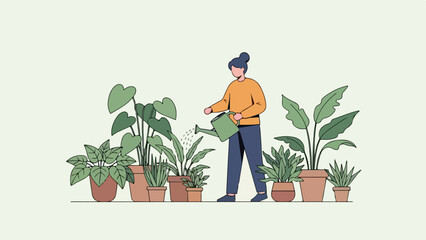 Woman watering potted plants indoors with green watering can