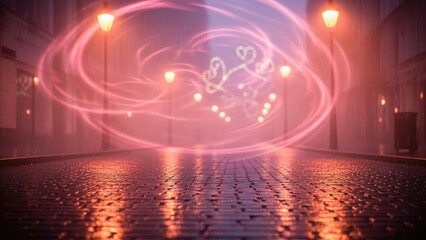 Valentine Magical pink light swirl on wet urban street at night