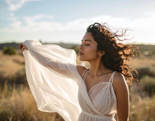 Persona con los ojos cerrados sintiendo el viento sobre la piel, telas ligeras flotando, luz natural suave, sensación táctil de movimiento y libertad, fotografía emocional