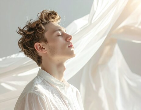 Persona con los ojos cerrados sintiendo el viento sobre la piel, telas ligeras flotando, luz natural suave, sensaci&oacute;n t&aacute;ctil de movimiento y libertad, fotograf&iacute;a emocional
