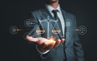 A lawyer presenting digital law and justice concepts including scales of justice and legal icons