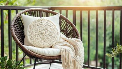 Naklejka premium Wicker chair with cushions and blanket on balcony. Warm sunlight creates cozy atmosphere for outdoor relaxation