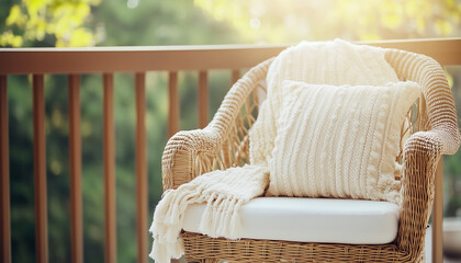 Naklejka premium Wicker chair with cushions and blanket on balcony. Warm sunlight creates cozy atmosphere for outdoor relaxation