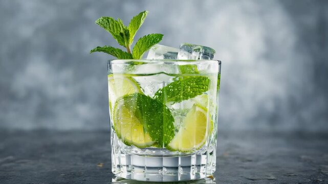the subject gently shifts as condensation forms and tiny bubbles rise through the soda the camera slowly dolly-ins toward the glass, capturing subtle shimmer on the mint leaves and ice g 4K