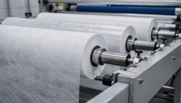 Medium shot of durable nonwoven fabric rolls used in liquid filtration housings capturing the waterproof textile surface and smooth slitting process in an industrial setting.