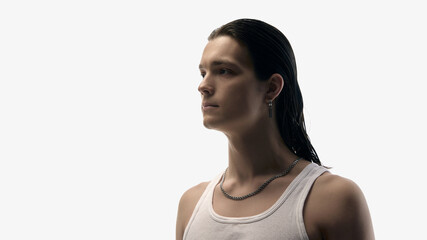 Man portrait looking forward in studio on white background. Concept of personal branding,...