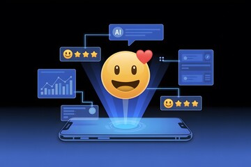 Digital communication concept with a smartphone displaying emojis and interconnected data points