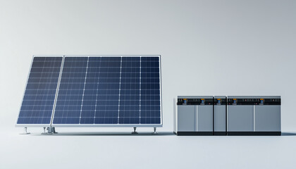 Solar panel and battery on white background. Clean energy source tech. Alternative power concept. Eco tech storage. Renewable energy,