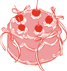 Cute birthday cake with cherries and ribbons, sweet dessert illustration for celebration isolated on white