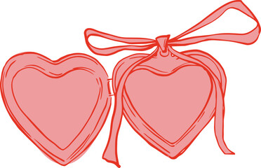 Pink heart shaped gift box with ribbon and bow, romantic valentine hearts illustration isolated on white