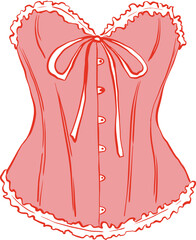 Pink corset lingerie with lace and bow, feminine vintage underwear illustration, romantic fashion design isolated on white