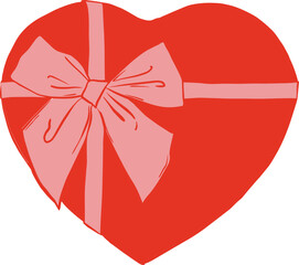 Red heart gift box with ribbon and bow, romantic valentine present, cute love illustration isolated on white