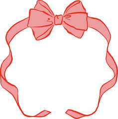 Red ribbon bow frame, decorative vintage banner border, elegant romantic design element isolated on white, hand drawn style