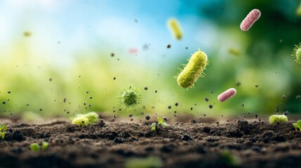 Soil microorganisms and bacteria floating above agricultural land, showing healthy microbiome ecology and fertile dirt for farming