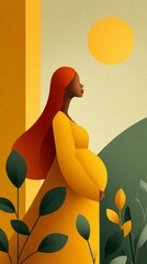 Pregnant woman in dress, gracefully posing against colorful abstract background, showcasing beauty and strength of motherhood with floral elements enhancing scene. illustration of expectant mother