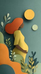 Pregnant woman in dress, gracefully posing against colorful abstract background, showcasing beauty and strength of motherhood with floral elements enhancing scene. illustration of expectant mother