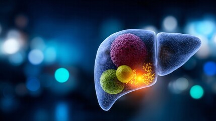Liver organ developing malignant tumors and cancerous cells, representing disease, medical research, and health problems
