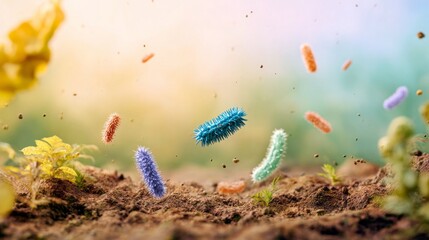 Soil microbiome ecosystem developing, microscopic bacteria and microorganisms thriving in a healthy environment