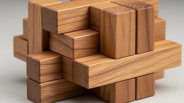 Wooden puzzle assembled, showcasing interlocking blocks, challenging spatial reasoning and problem-solving skills.