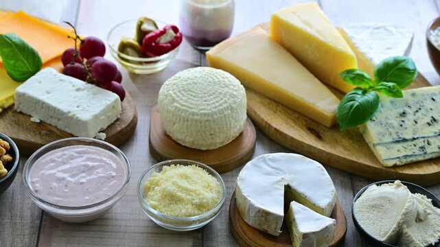 A variety of dairy products including cheese, milk and yogurt.