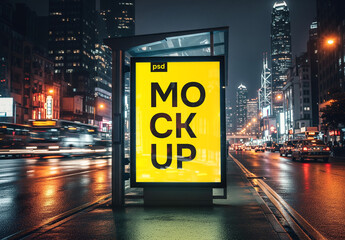 City night scene bus stop poster mockup