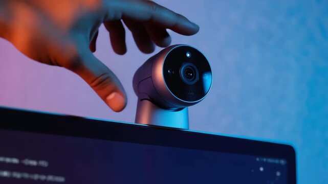 a person hand enters the frame to set the webcam and then the hand leaves 