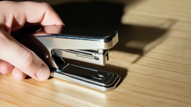 a persons hand enters the frame pick up the metal stapler and leaves with it 
