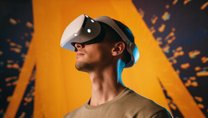 Man experiencing virtual reality technology with modern headset, exploring digital world and immersive entertainment
