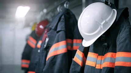 Firefighter protective uniform and helmet hanging ready for emergency response in fire station locker room