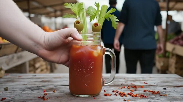  A person enters the frame and picks up a Bloody Mary in a rustic mason jar, garnished with celery stalks, olives, and a light dusting of pepper flakes The glass lifts smoothly, and the li 4K