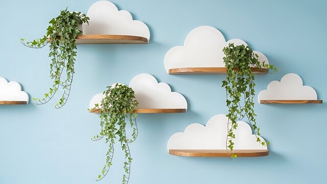 Cloud Shaped Shelves with Trailing Ivy Plants on Blue Wall shelf white