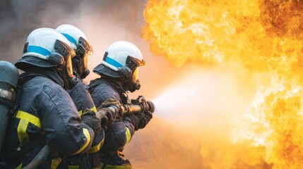 Firefighters battling large blaze with water stream, teamwork in emergency, courage in action, professional fire rescue