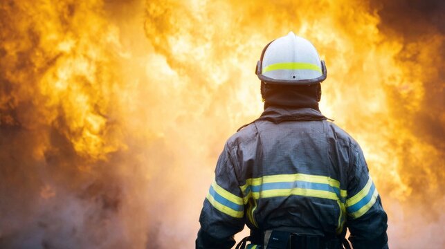 Firefighter facing intense flames and smoke, demonstrating courage and emergency response in a dangerous situation