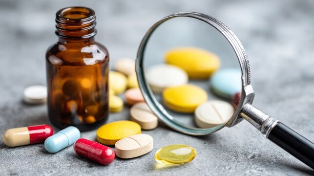 Magnifying glass examining various colorful pills and capsules near an amber bottle, representing drug research and quality control