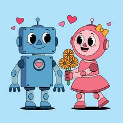 Coupple Robot with Flowers and Hearts