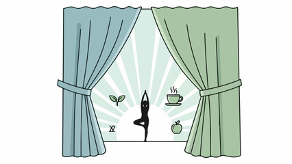 Woman in yoga pose with green apple, tea, and plant in serene indoor setting