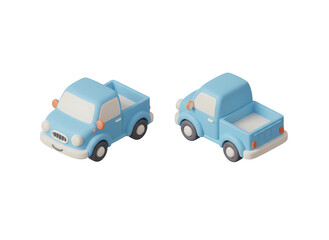 Fototapeta premium Cute Pair of 3D Rendered Blue Pickup Trucks Displayed in Front and Rear Isometric View, Isolated on White Background for Transport and Delivery Concepts