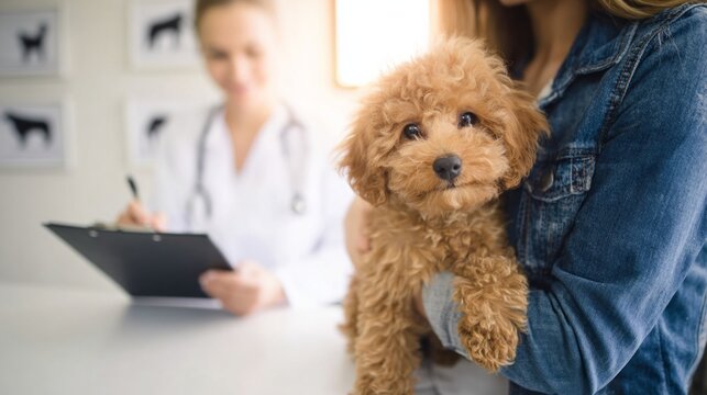 Puppy poodle looking at viewer from owner's arms during a veterinary clinic checkup with vet writing medical records