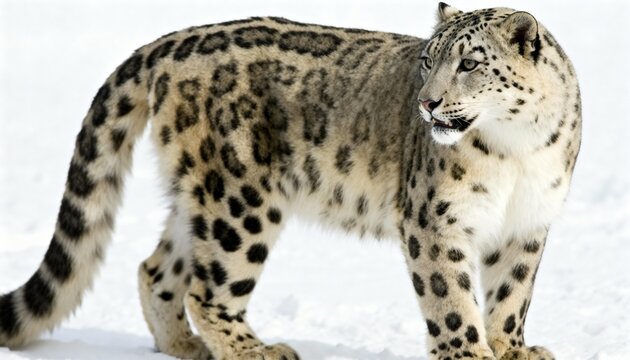 Beautiful snow leopard standing on white snow, showing its spotted fur in a cold winter landscape. Wildlife, predator, endangered species, and mountain habitat in natural environment.