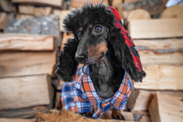 A cute dachshund dressed in a plaid shirt and hat sits in front of stacked firewood, adding a cozy, rustic touch perfect for seasonal themes or pet-related projects.