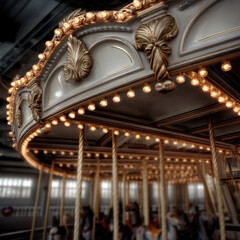 Carousel amusement park lights ornate gold vintage indoor festive joyful entertainment. Elegant carousel with gold details and glowing lights