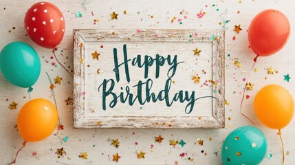 Festive happy birthday message in a rustic wooden frame surrounded by colorful balloons and confetti